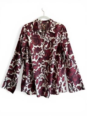 Johnny Was Floral Shirt Button Front Burgundy Cream Boho Western Womens S